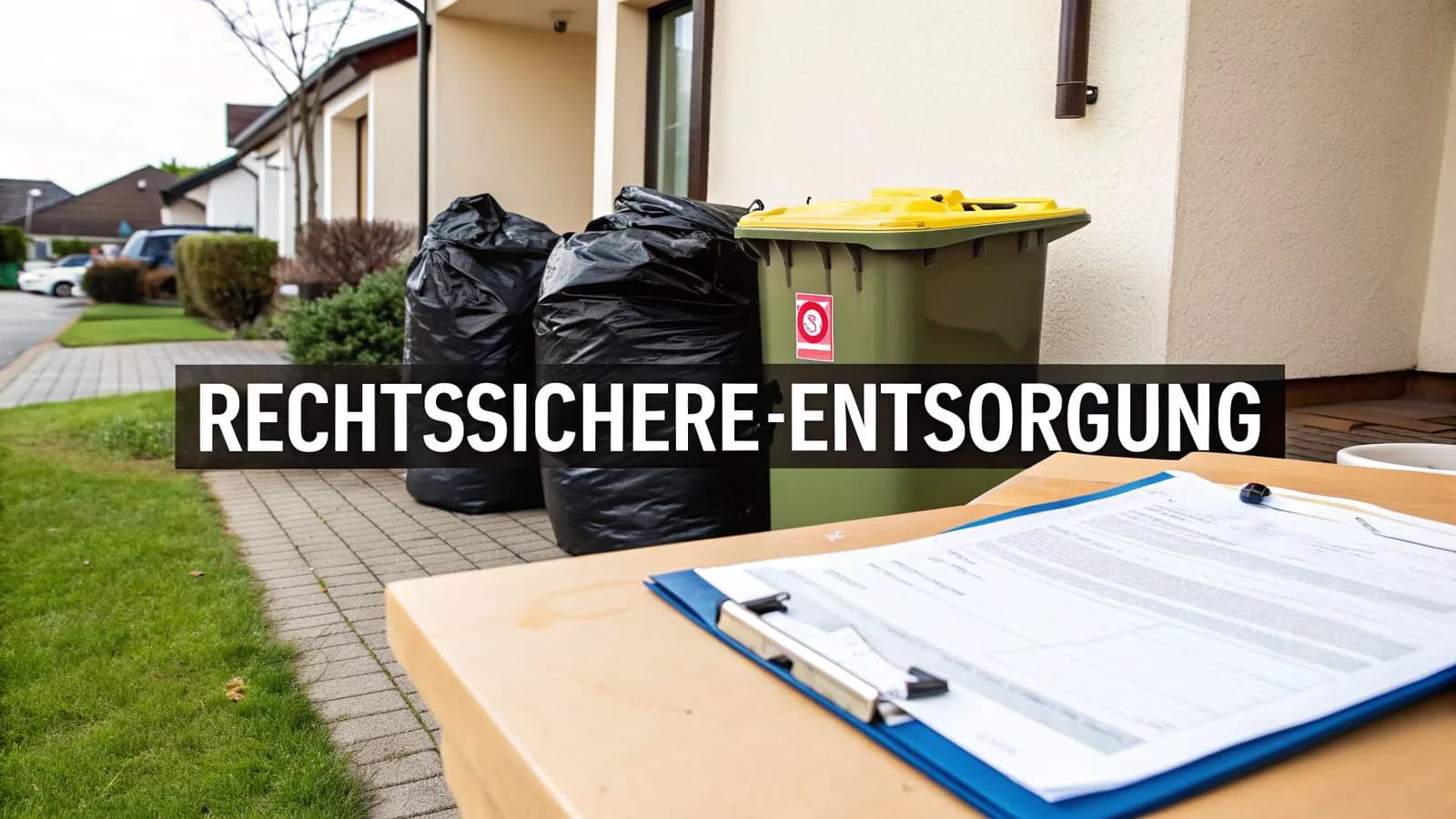Sichere Entsorgung von Müll vor einem Haus mit schwarzen Abfallsäcken und einer grünen Tonne, dazu Dokumente.
