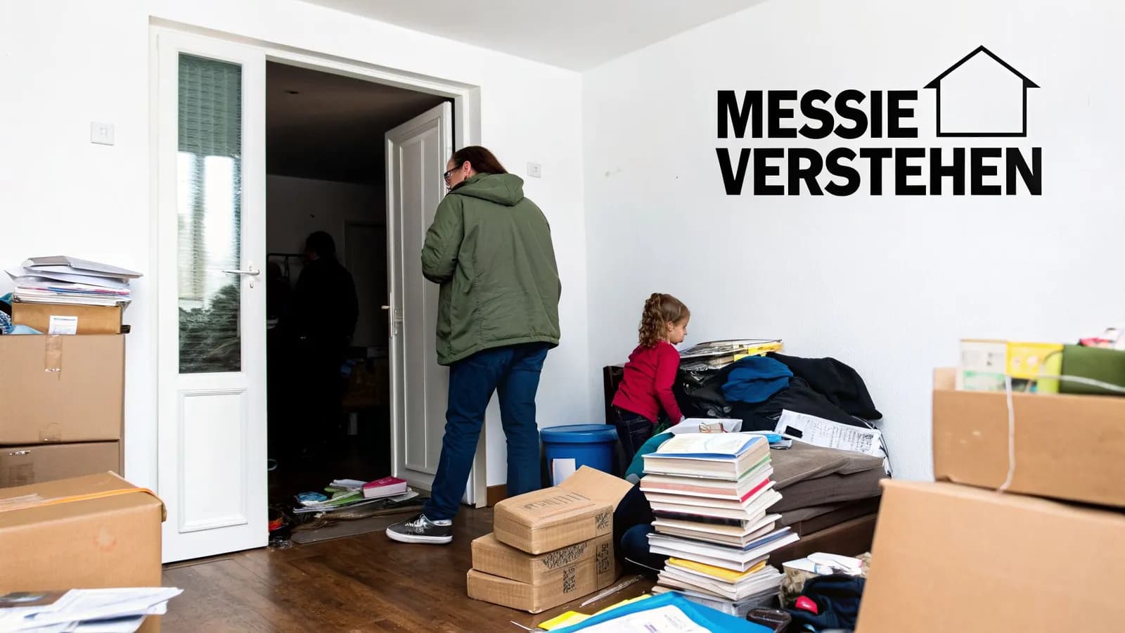 Unordentliches Zimmer mit Kartons und gestapelten Gegenständen. Eine Frau und ein Kind sind im Raum. Wandtext: Messie Verstehen.