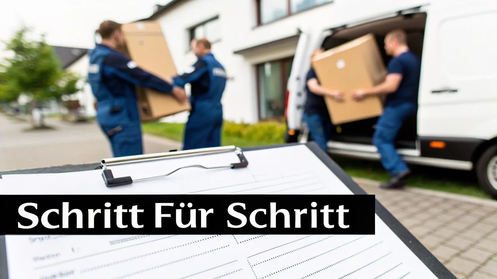 Umzugshelfer laden Kartons in einen Lieferwagen, während im Vordergrund eine Checkliste mit 'Schritt Für Schritt' liegt.