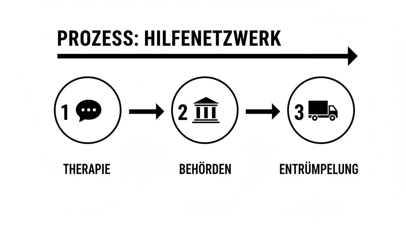 Ein Diagramm zeigt den Prozess eines Hilfenetzwerks in drei Schritten: Therapie, Behörden und Entrümpelung.