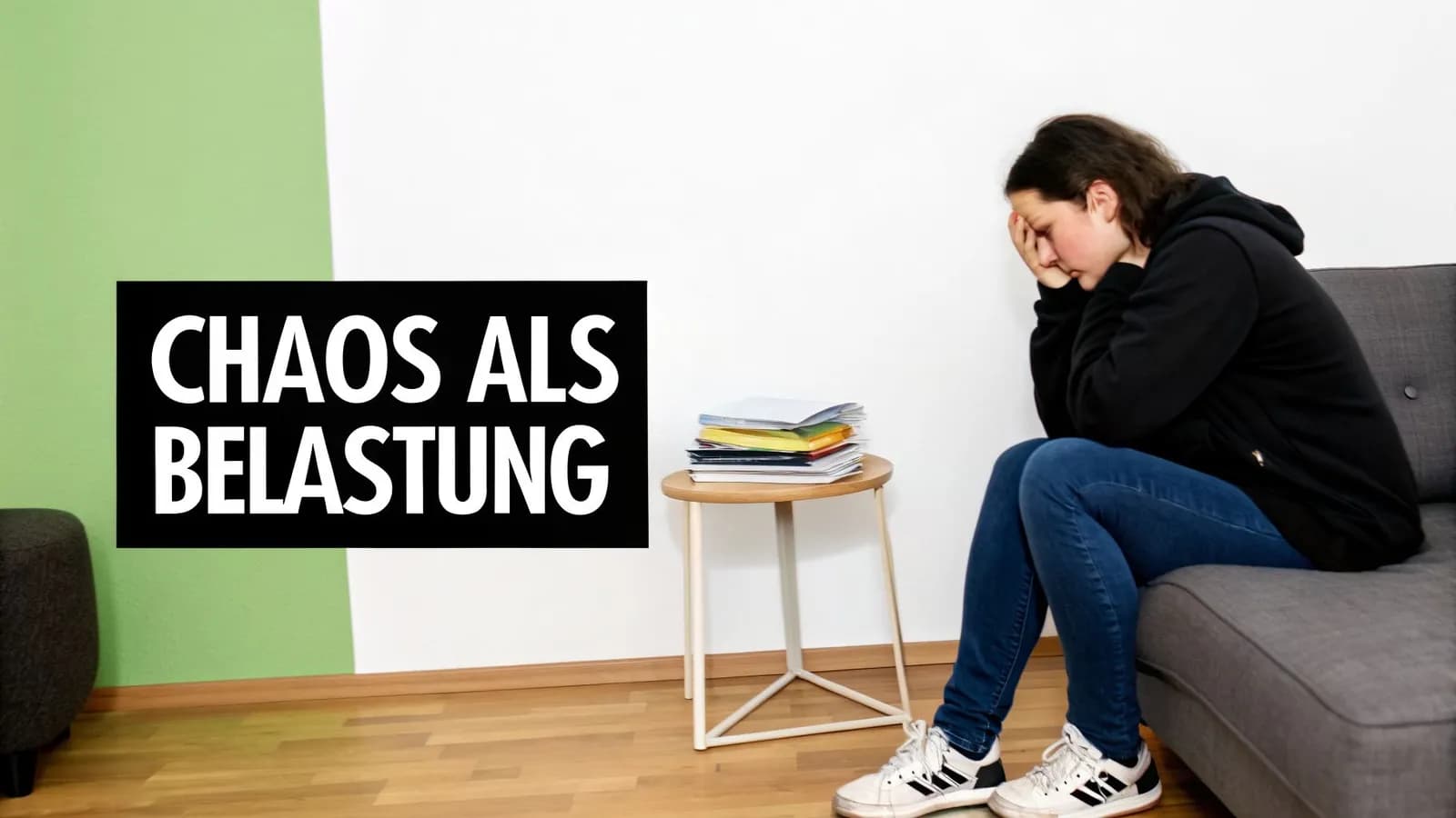 Deprimierte Person auf dem Sofa mit dem Text 'CHAOS ALS BELASTUNG' und einem Stapel Papiere.