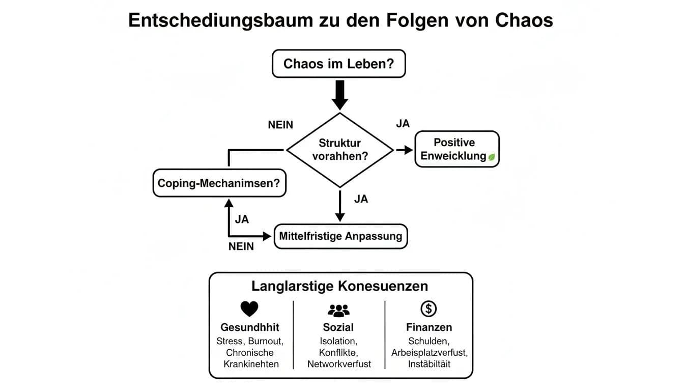 Entscheidungsbaum visualisiert die Folgen von Chaos im Leben, inklusive positiver Entwicklung, Anpassung und langfristiger Konsequenzen.