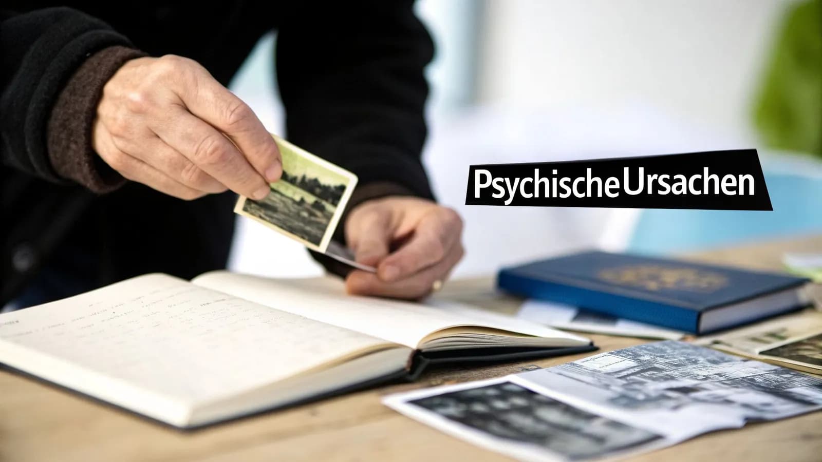 Eine Person hält alte Fotos über einem offenen Notizbuch auf einem Holztisch. Weitere Erinnerungsstücke liegen im Hintergrund.