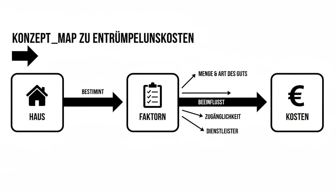 Konzeptkarte zu Entrümpelungskosten, die zeigt, wie Hausfaktoren, Gütermenge, Zugänglichkeit und Dienstleister die Gesamtkosten beeinflussen.