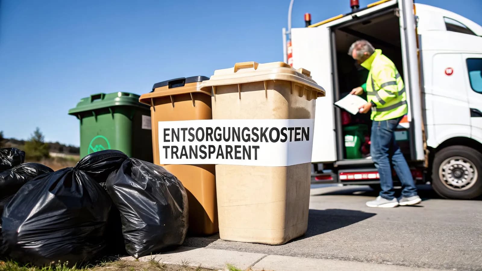 Mülltonnen und Müllsäcke mit einem Schild 'Entsorgungskosten Transparent', ein Müllwerker neben einem Entsorgungsfahrzeug.