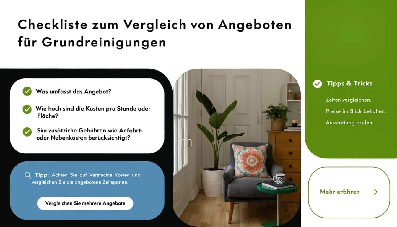 Eine Checkliste für den Vergleich von Angeboten für Grundreinigungen in einer Wohnung oder einem Haus.
