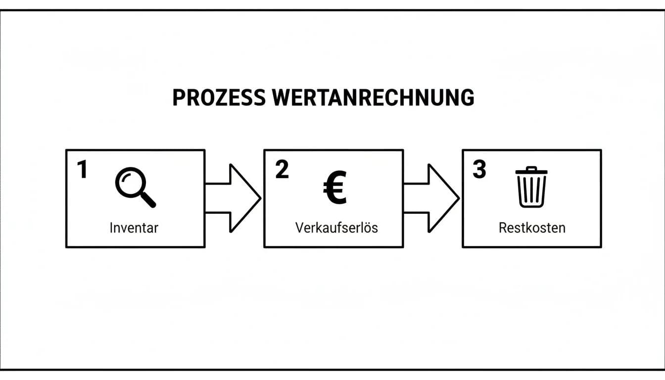 Flussdiagramm zeigt den Prozess der Wertanrechnung in drei Schritten: Inventar, Verkaufserlös und Restkosten.
