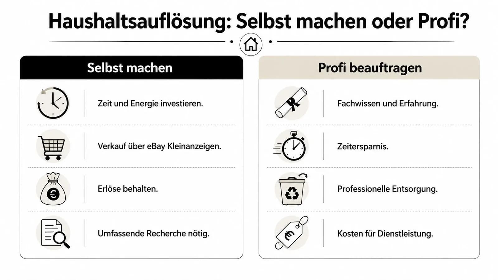 Eine Infografik mit einem Vergleich der Vor- und Nachteile von Eigenleistung und professioneller Beauftragung bei einer Haushaltsauflösung.