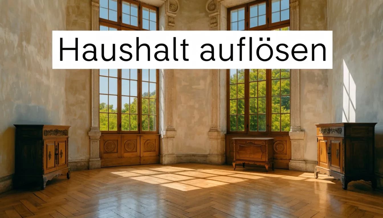 Ein leerer, sonnendurchfluteter Raum mit klassischem Parkettboden, zwei antiken Holzkommoden und großen Fenstern mit Blick ins Grüne.