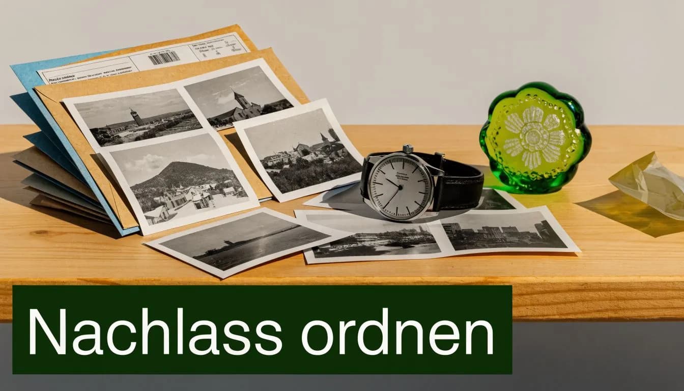 Ein Stapel alter Fotos, eine Armbanduhr und ein grünes Glasobjekt liegen geordnet auf einem Holztisch.