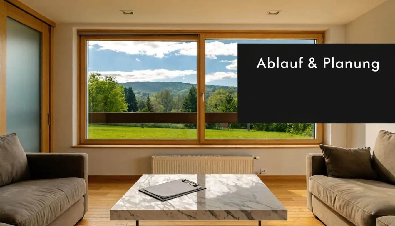 Ein helles Wohnzimmer mit zwei beigen Sofas, einem Marmortisch und einem großen Fenster mit grüner Aussicht.