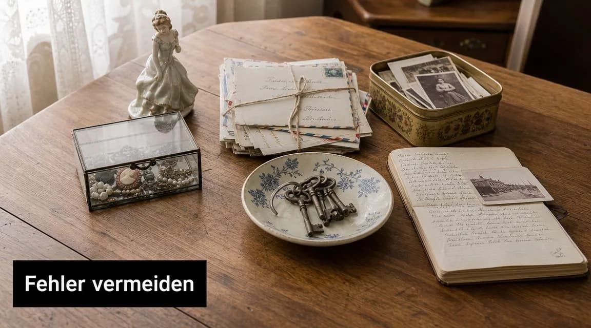 Ein antiker Holztisch mit Briefen, alten Fotos, einem Schmuckkästchen und Schlüsseln, der an eine Nachlassauflösung erinnert.