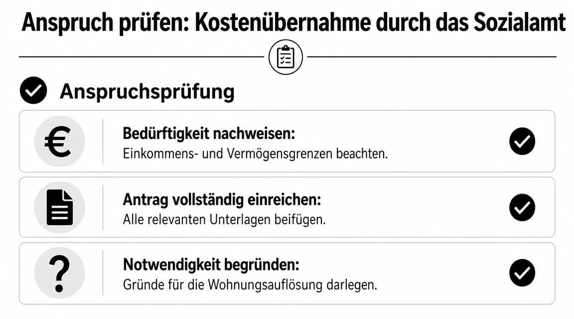 Eine Infografik zur Prüfung des Anspruchs auf Kostenübernahme einer Wohnungsauflösung durch das zuständige Sozialamt.