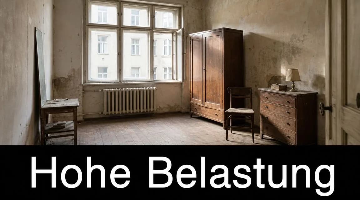 Ein leerer, renovierungsbedürftiger Raum mit alten Möbeln, einem Heizkörper und einer Fensterfront in einer Wohnung.