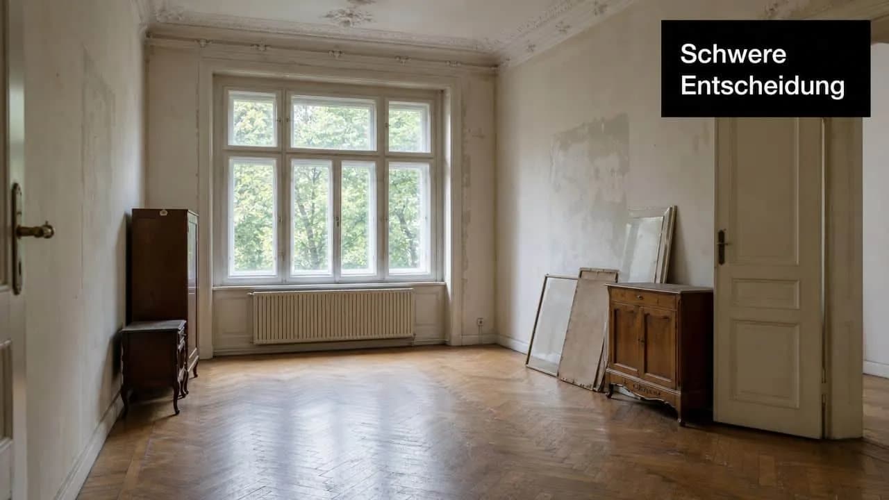Ein leerer Raum in einer Altbauwohnung mit Parkettboden, einigen Möbelstücken und Fenstern mit Blick auf Bäume.