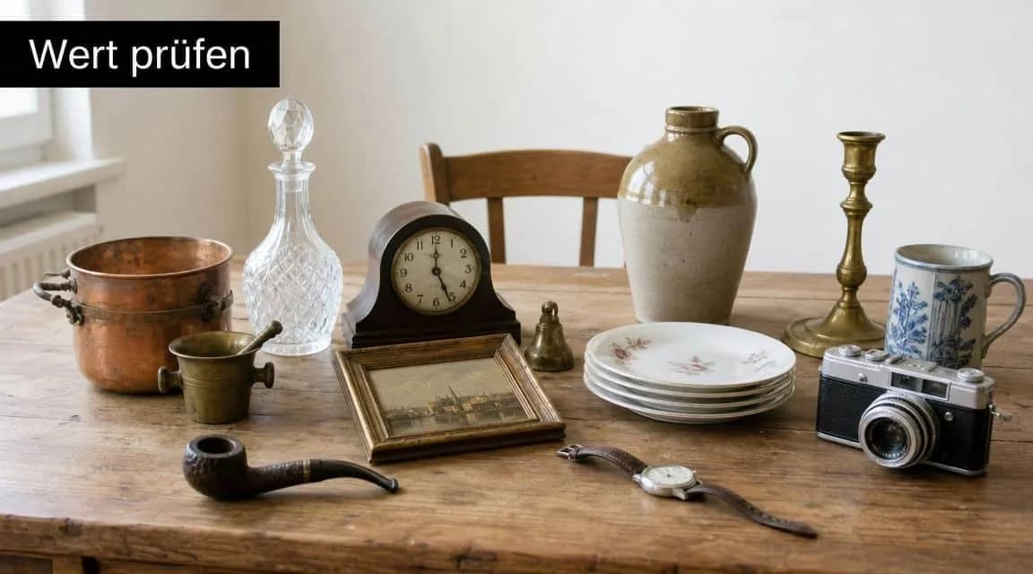 Ein Holztisch mit verschiedenen antiken Gegenständen wie einer Uhr, Geschirr, einer Kamera und einer alten Vase.