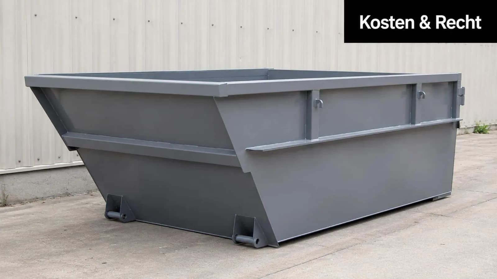 Ein großer, grauer Metallcontainer steht auf einem befestigten Platz vor einer industriellen Wellblechwand für Entsorgungszwecke bereit.