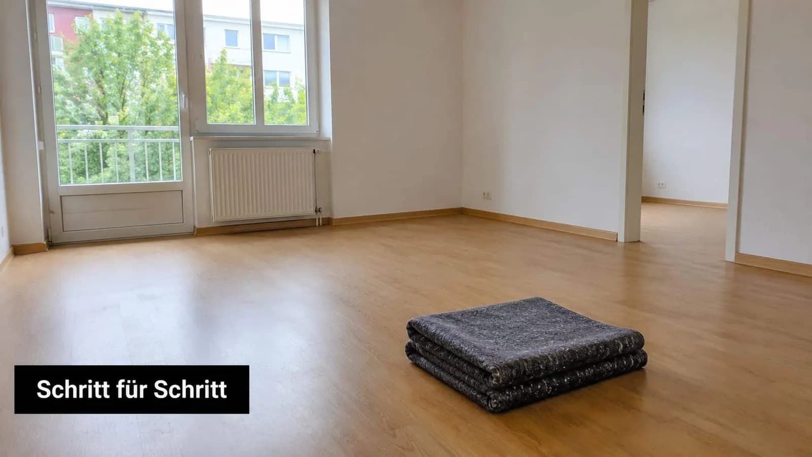 Ein leerer Raum mit Holzboden, einem Fenster, einem Heizkörper und einer gefalteten Umzugsdecke auf dem Boden.