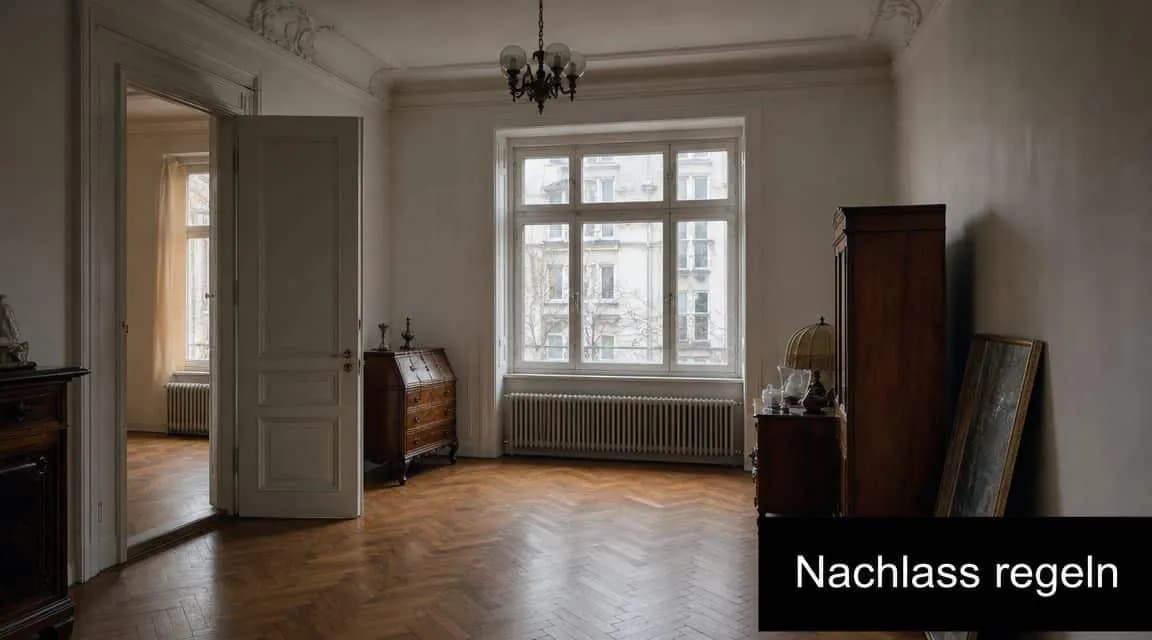 Ein leerer Raum mit altem Parkettboden, hohen Fenstern und antiken Möbelstücken in einem historischen Wohngebäude.