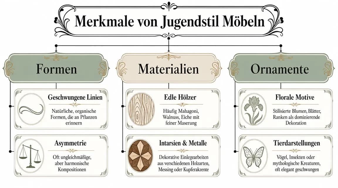 Eine Infografik über die gestalterischen Merkmale von Jugendstil-Möbeln mit Fokus auf Formen, Materialien und dekorative Ornamente.