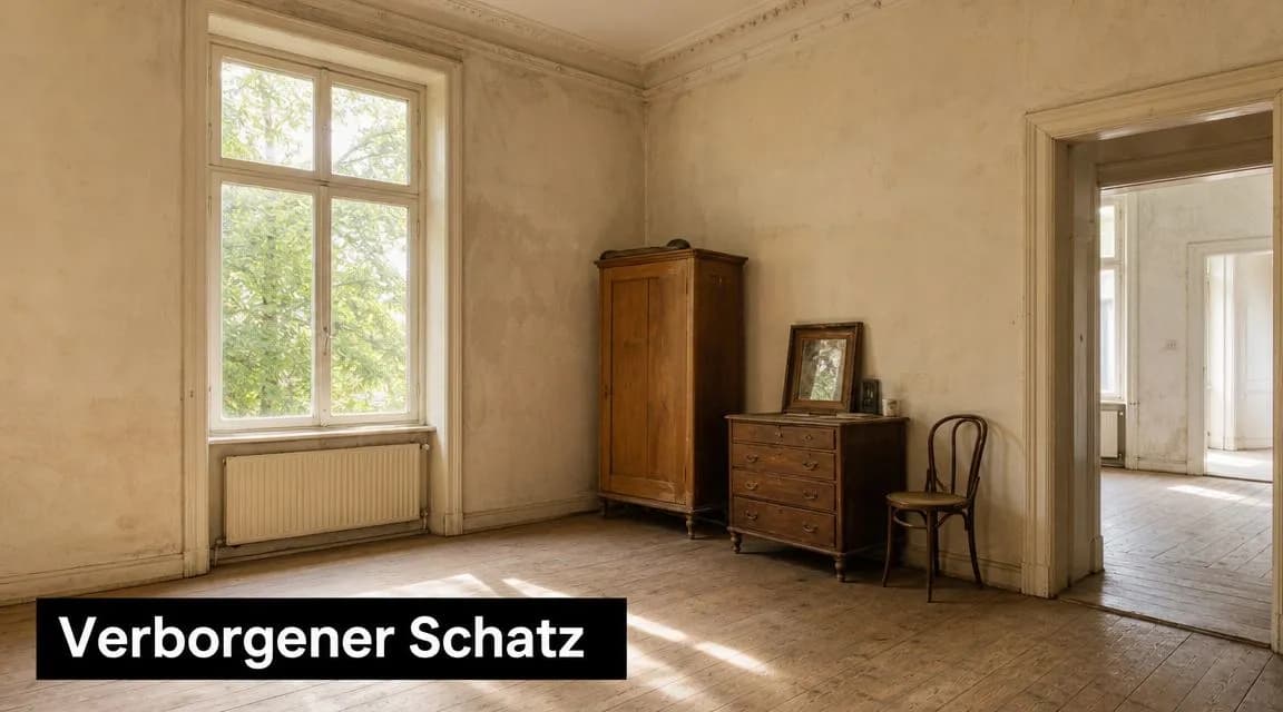 Ein leerer Raum mit Jugendstil-Möbeln, darunter ein alter Holzschrank und eine Kommode mit Spiegel vor einem Fenster.