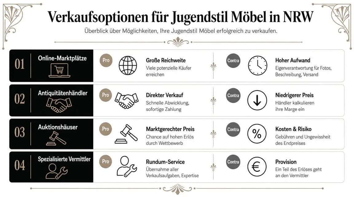 Eine Übersicht der Verkaufsoptionen für Jugendstil-Möbel in Nordrhein-Westfalen mit Vor- und Nachteilen für jede Methode.