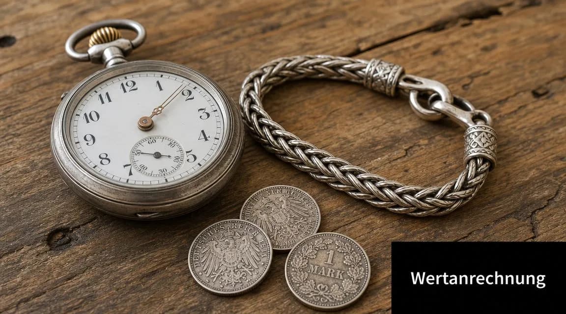 Eine antike Taschenuhr, ein silbernes Armband und alte deutsche Münzen liegen auf einem rustikalen Holztisch.