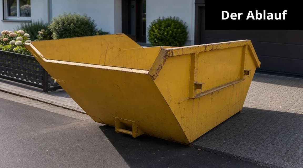 Ein leerer, gelber Container steht zur Sperrmüllentsorgung auf einer gepflasterten Einfahrt vor einem Wohnhaus.