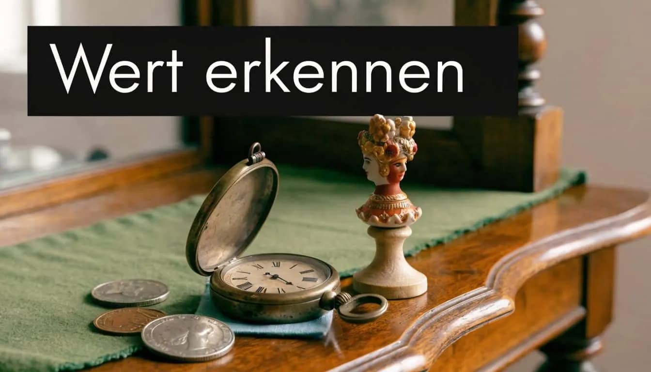 Antike Taschenuhr, Münzen und eine dekorative Porzellanfigur auf einem hölzernen Vintage-Tisch vor einem Spiegel.