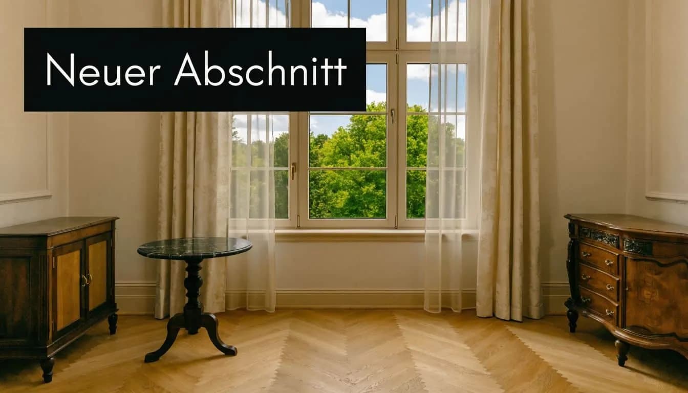 Ein eleganter, klassisch eingerichteter Raum mit Holzfußboden, einem runden Beistelltisch und antiken Kommoden vor einem großen Fenster.