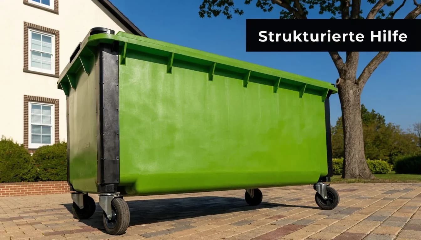 Ein großer, grüner Müllcontainer steht auf einer gepflasterten Fläche vor einem Wohnhaus und einem Baum.