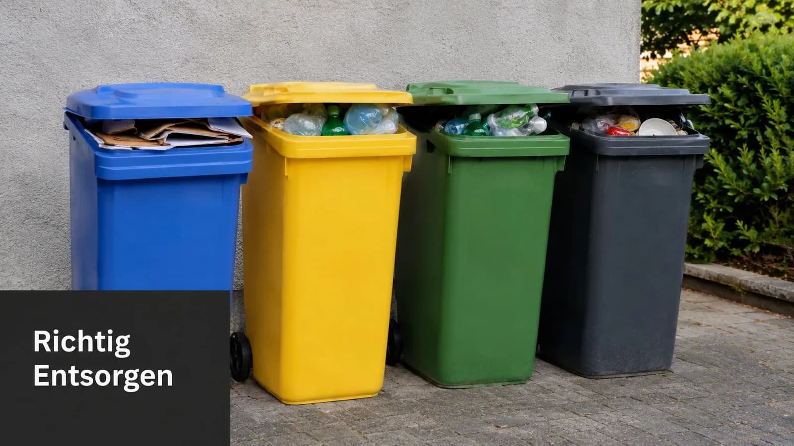Vier verschiedenfarbige Mülltonnen stehen nebeneinander vor einer grauen Wand und dienen zur korrekten Abfalltrennung.