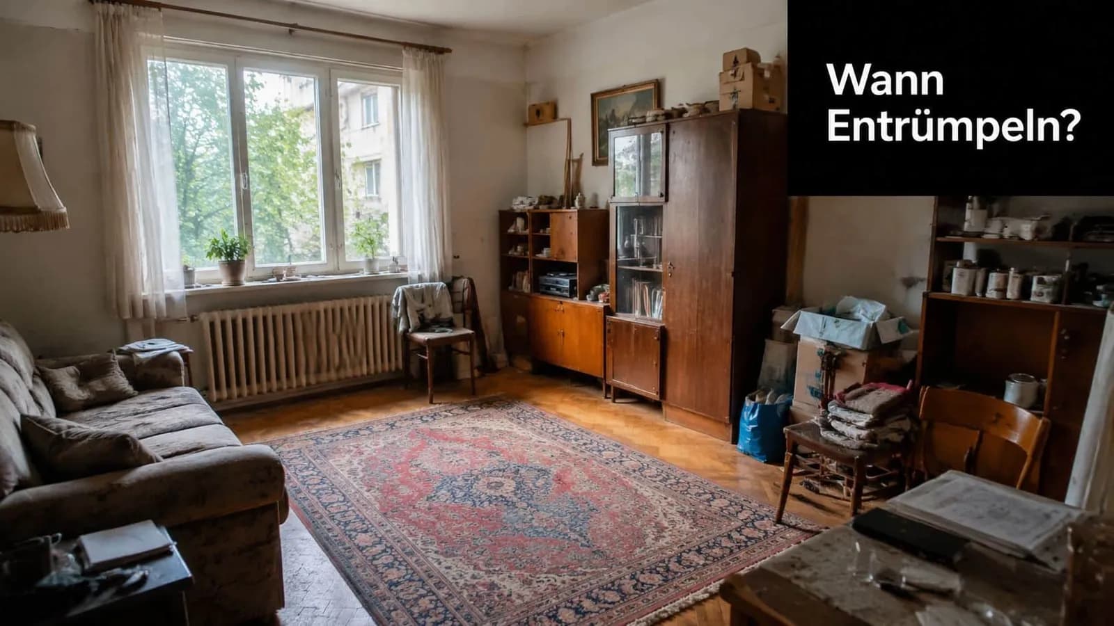 Ein leicht veraltetes Wohnzimmer, das darauf wartet, von einer professionellen Entrümpelungsfirma vollständig geräumt zu werden.