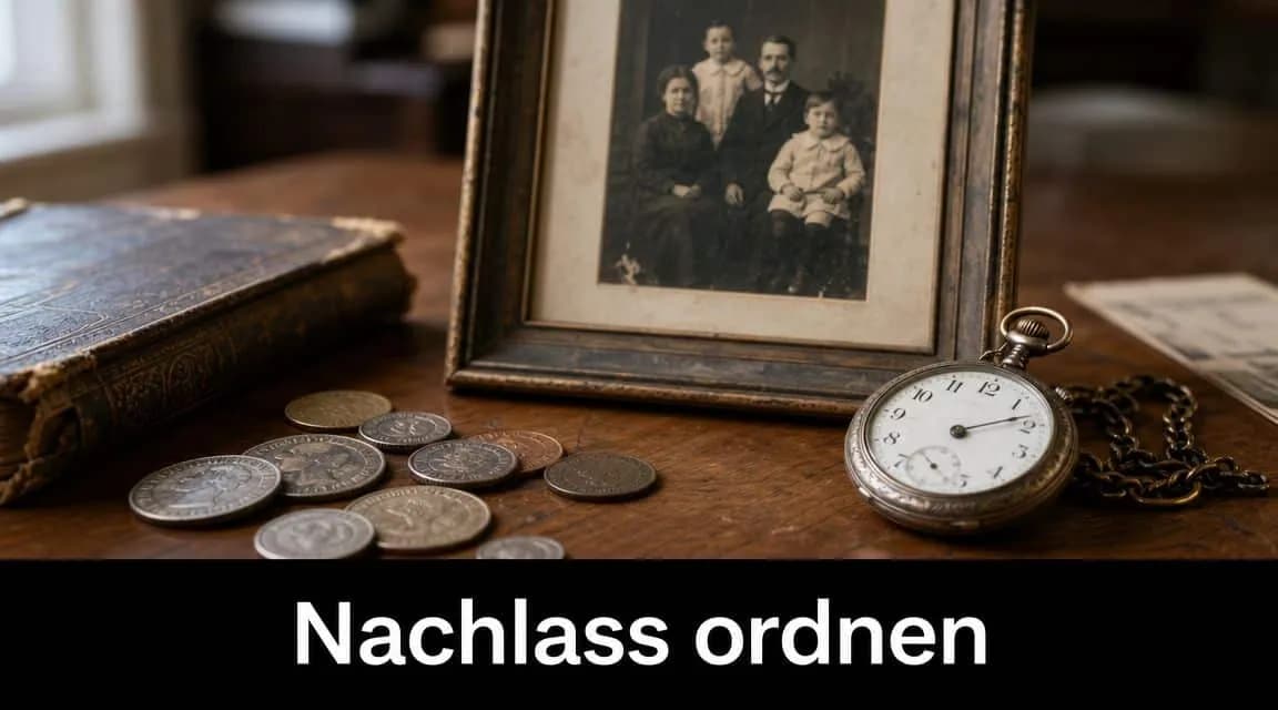 Alte Familienfotos, eine Taschenuhr und historische Münzen liegen ordentlich auf einem antiken Holztisch zur Nachlassregelung bereit.