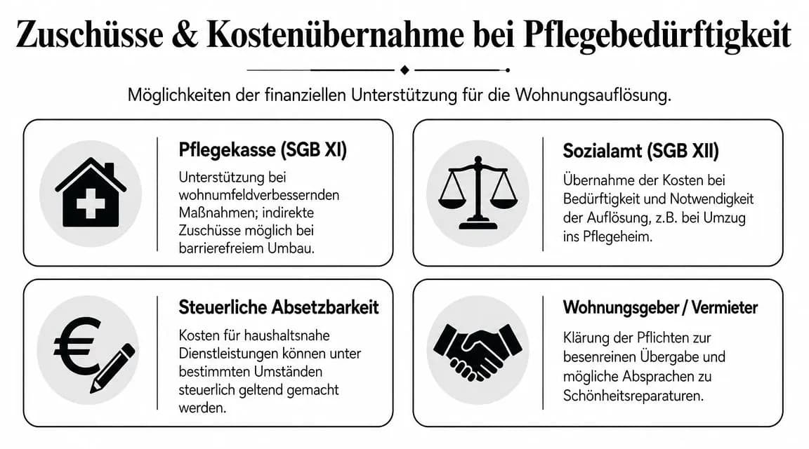 Übersicht über finanzielle Unterstützungsmöglichkeiten und Kostenübernahme bei der Wohnungsauflösung im Falle einer Pflegebedürftigkeit.