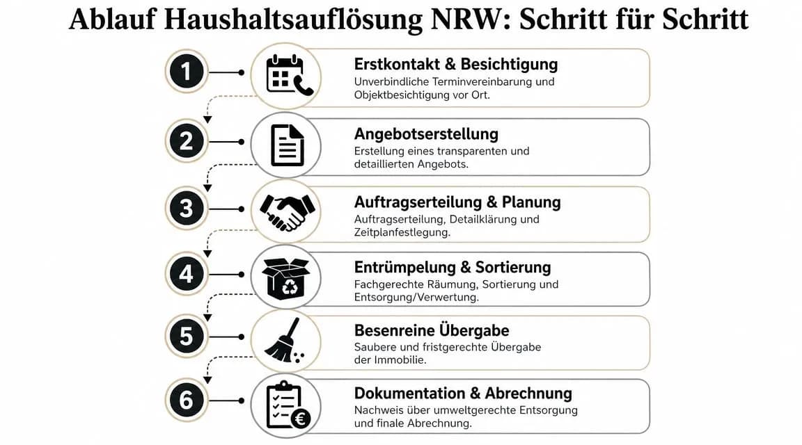 Eine Infografik zeigt den sechs-stufigen Ablauf einer professionellen Haushaltsauflösung von der Besichtigung bis zur finalen Abrechnung.