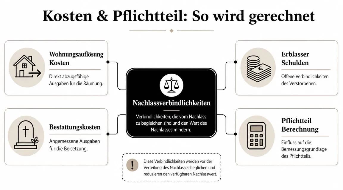 Infografik zur Berechnung von Nachlassverbindlichkeiten durch Wohnungsauflösung, Bestattungskosten, Erblasserschulden und Einfluss auf den Pflichtteil.