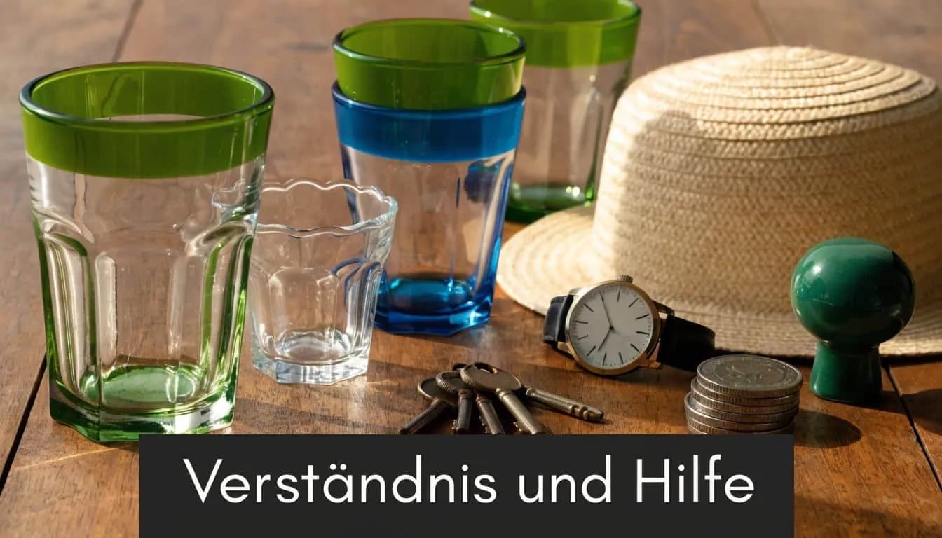 Ein Holztisch mit verschiedenen Gläsern, einer Armbanduhr, einem Strohhut, einem Schlüsselbund und einem kleinen grünen Dekorationsobjekt.