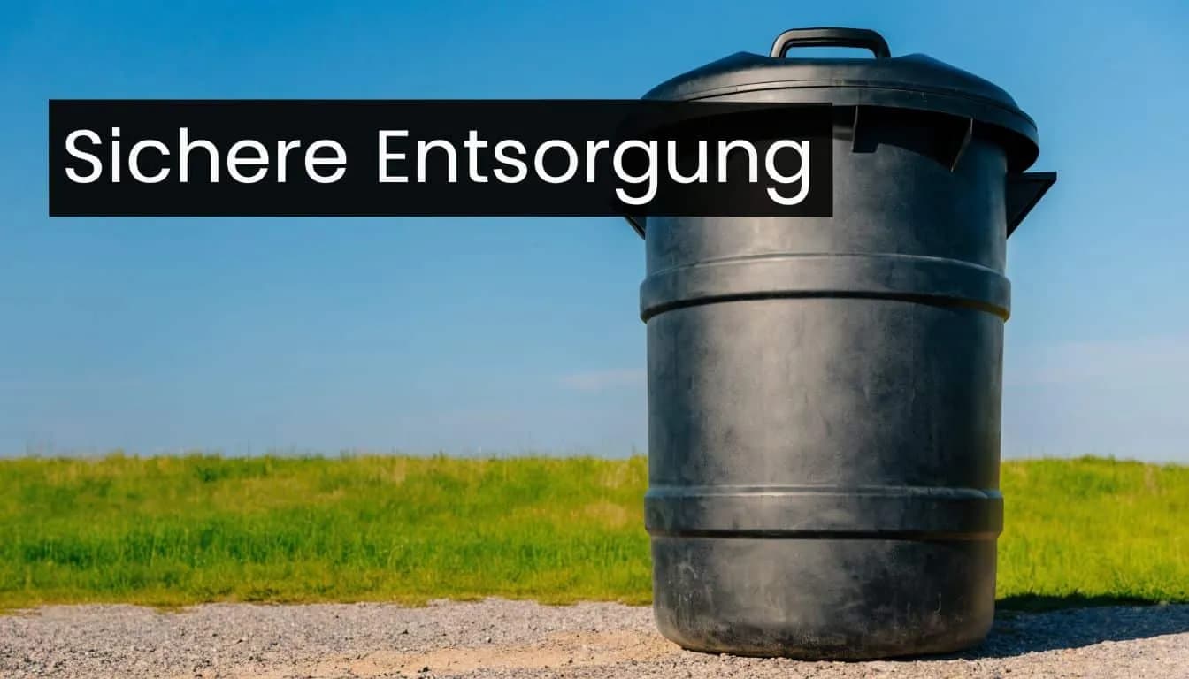 Ein großer schwarzer Mülleimer steht auf einem Kiesweg vor einer grünen Wiese unter blauem Himmel.