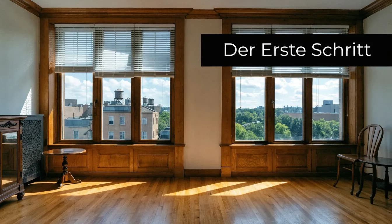 Ein heller, leerer Raum mit großen Holzfenstern, Holzboden und einem leeren Tisch sowie einem einzelnen Stuhl.
