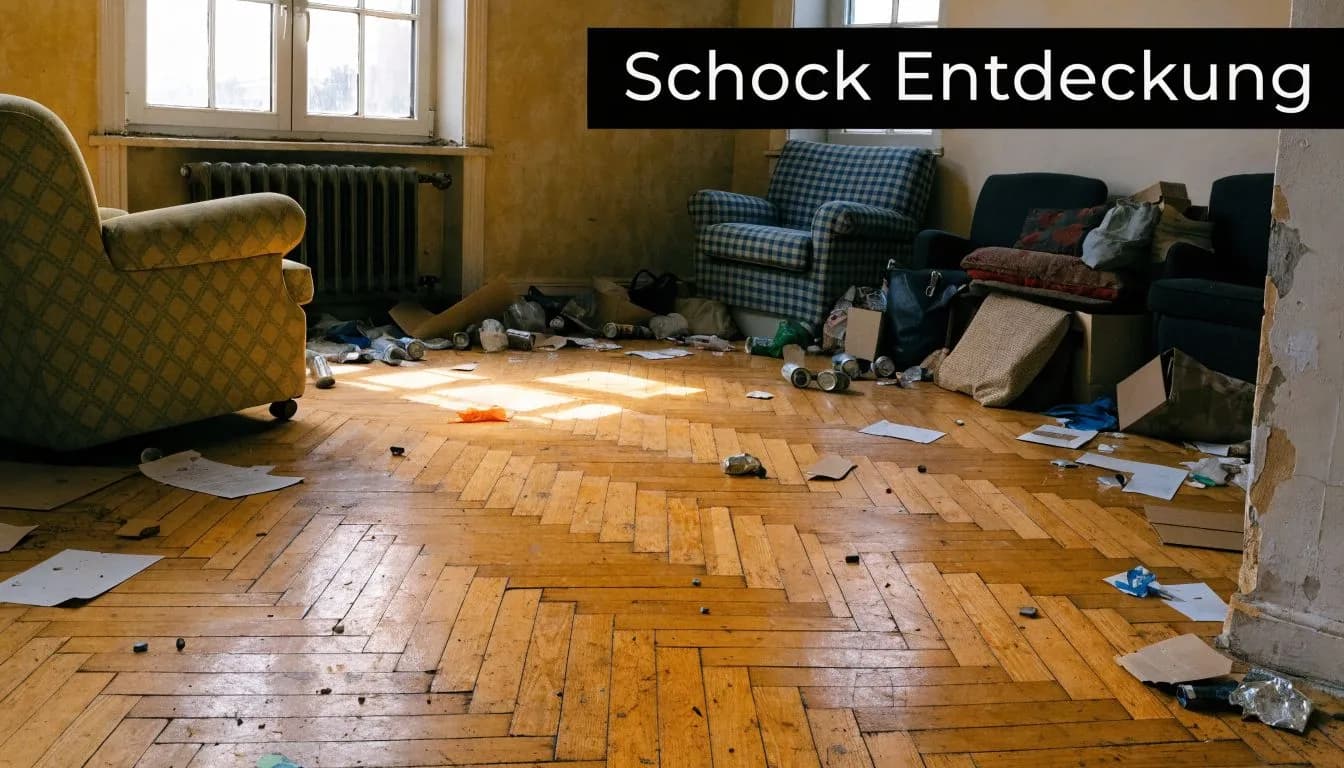 Ein verlassenes und vermülltes Wohnzimmer mit alten Möbeln auf einem abgenutzten Parkettboden in einer Messi-Wohnung.