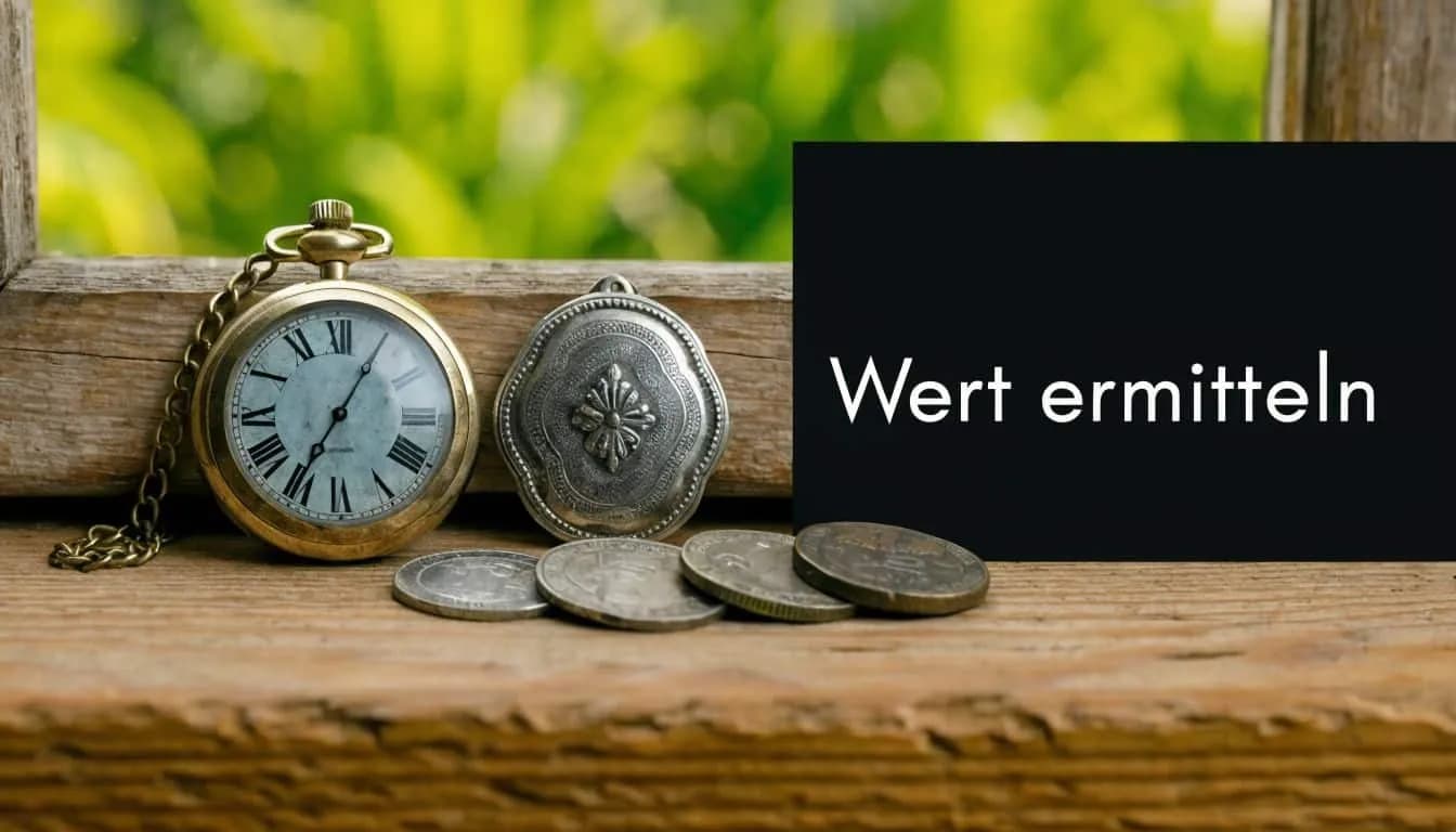 Eine antike Taschenuhr, ein silberner Anhänger und alte Münzen liegen auf einer hölzernen Fensterbank zur Werteinschätzung.