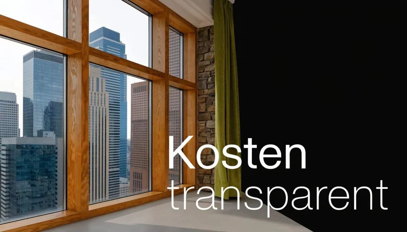 Ein Blick durch ein großes Holzfenster auf eine moderne Skyline in einer hellen Wohnung.