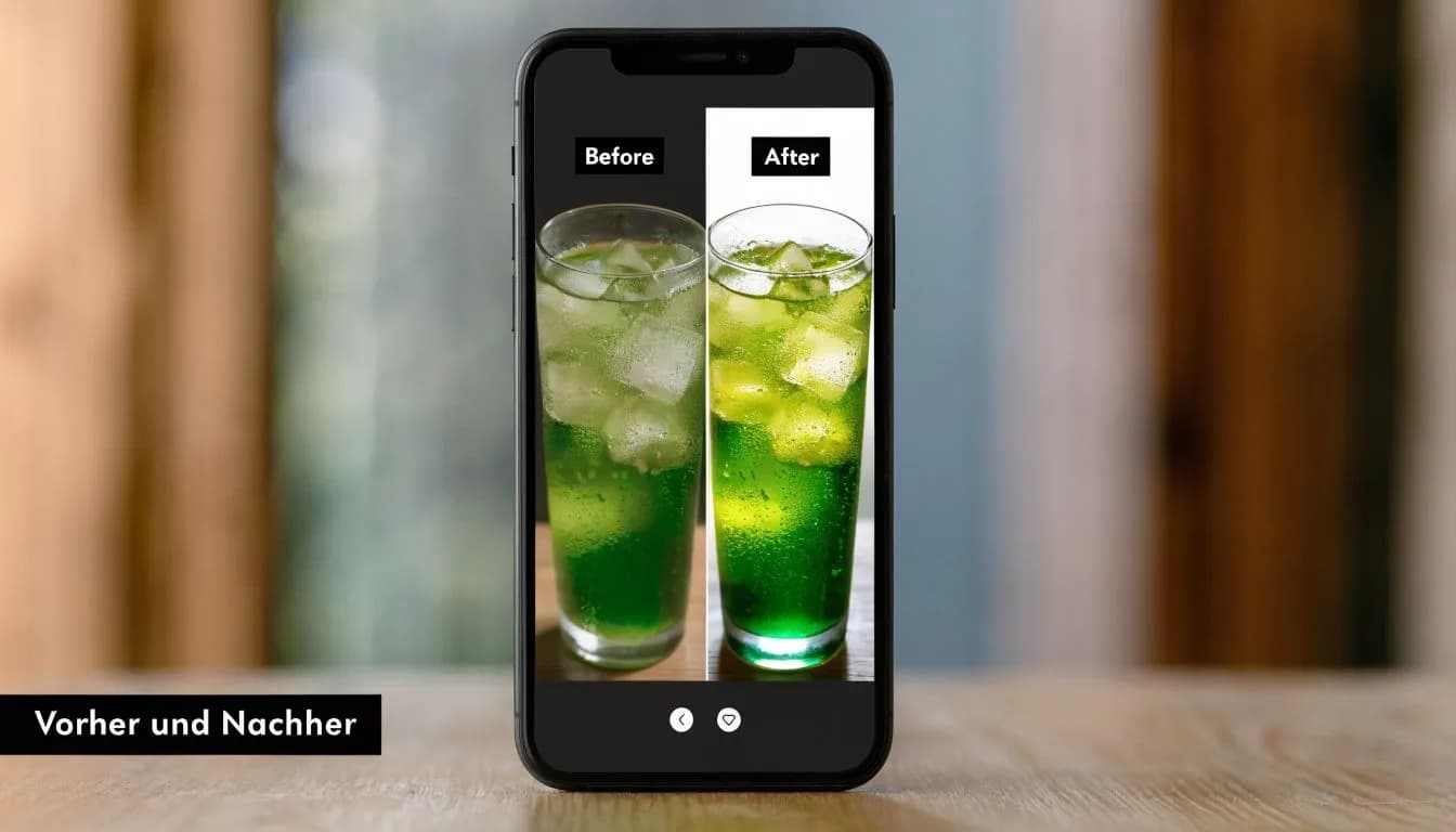 Ein Smartphone zeigt einen Vorher-Nachher-Vergleich der Bearbeitung eines Fotos von einem Glas mit grünem Getränk.