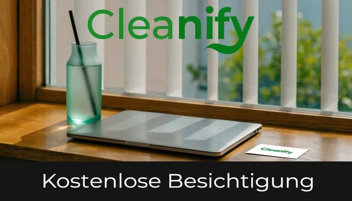Ein Laptop und eine Visitenkarte mit dem Cleanify Logo liegen auf einem hölzernen Fensterbrett mit Sonnenlicht.