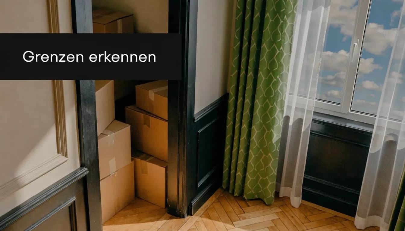 Ein Raum mit gestapelten Umzugskartons in einer Ecke und Vorhängen vor einem Fenster mit blauem Himmel.
