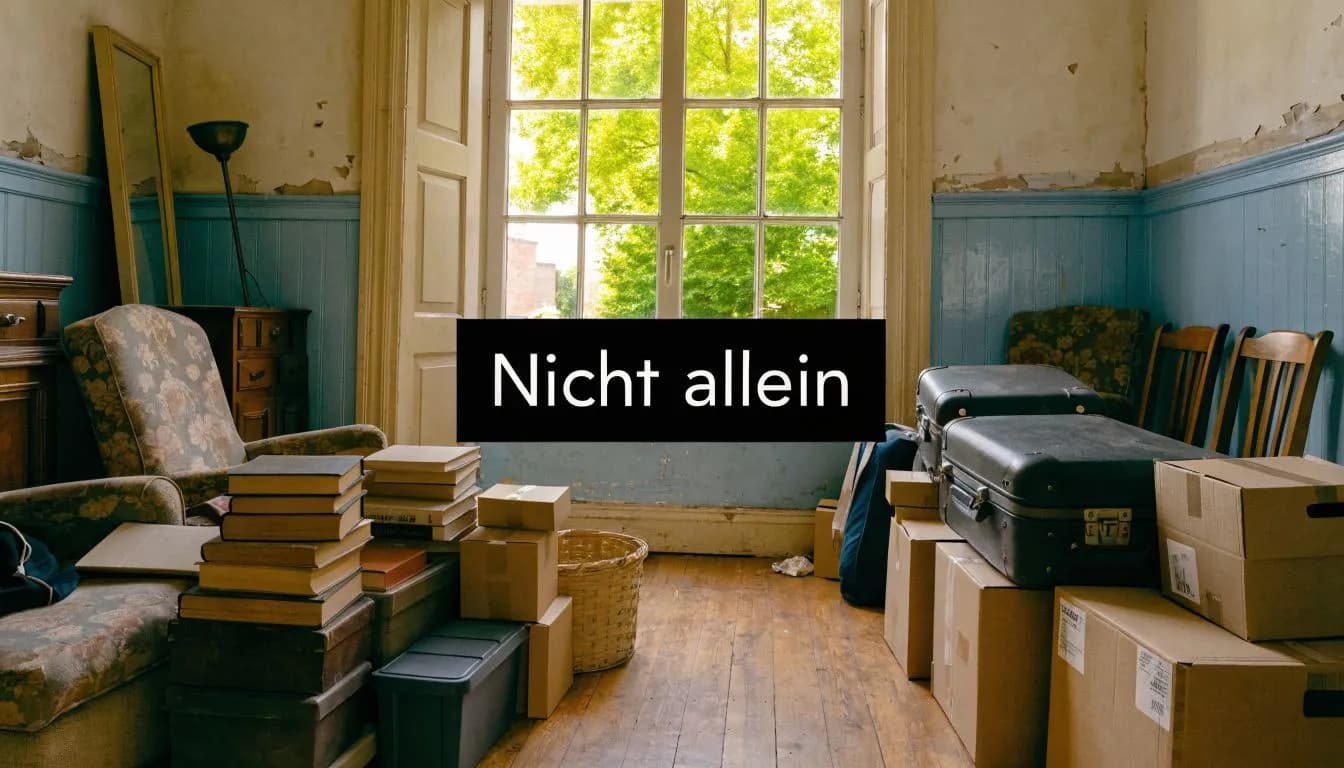 Ein verlassener Raum mit gestapelten Büchern, Koffern, Umzugskartons und einer alten Couch vor einem großen hellen Fenster.