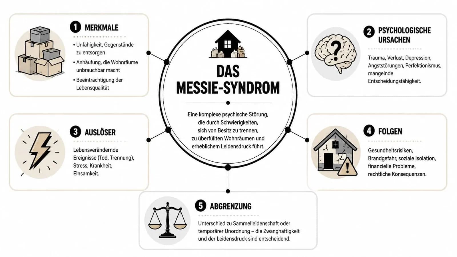Eine Infografik zum Messie-Syndrom, die Merkmale, psychologische Ursachen, Auslöser, Folgen und die Abgrenzung von Sammelleidenschaft darstellt.