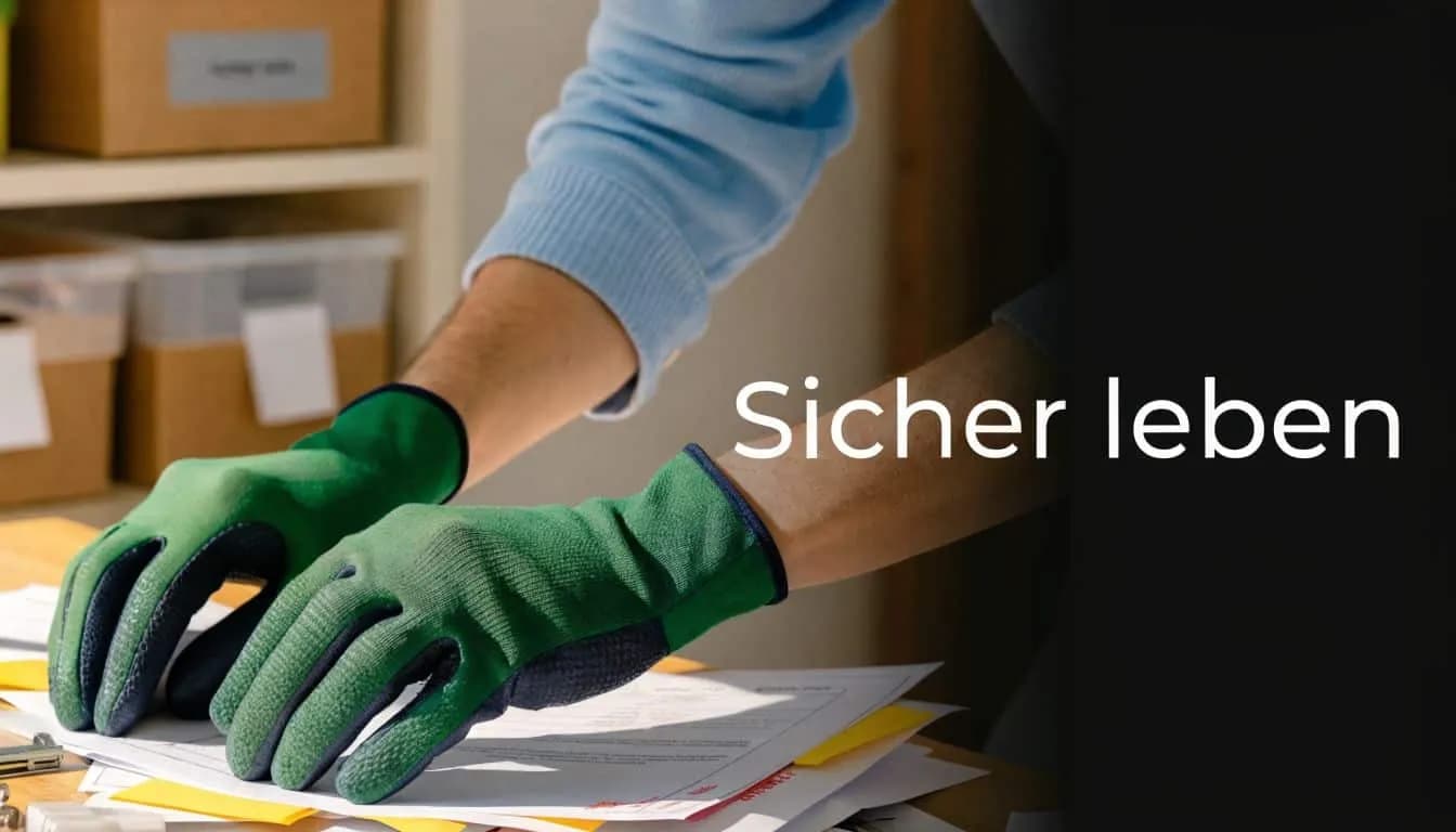 Eine Person mit grünen Schutzhandschuhen organisiert wichtige Dokumente und Papiere auf einem Holztisch in einem ordentlichen Raum.