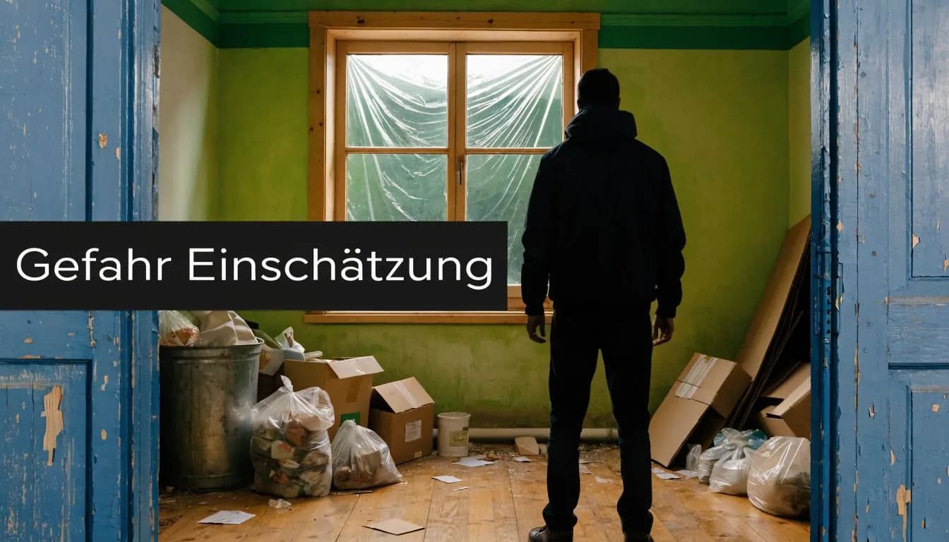 Ein Mann steht in einer verwahrlosten Wohnung voller Müll und Kartons vor einem mit Plastikfolie abgeklebten Fenster.